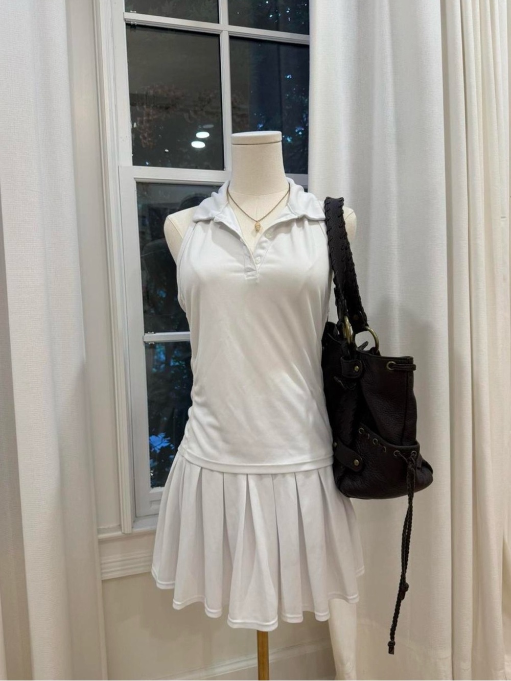 Dkny White Sleeveless Polo & Pleated Skirt Set